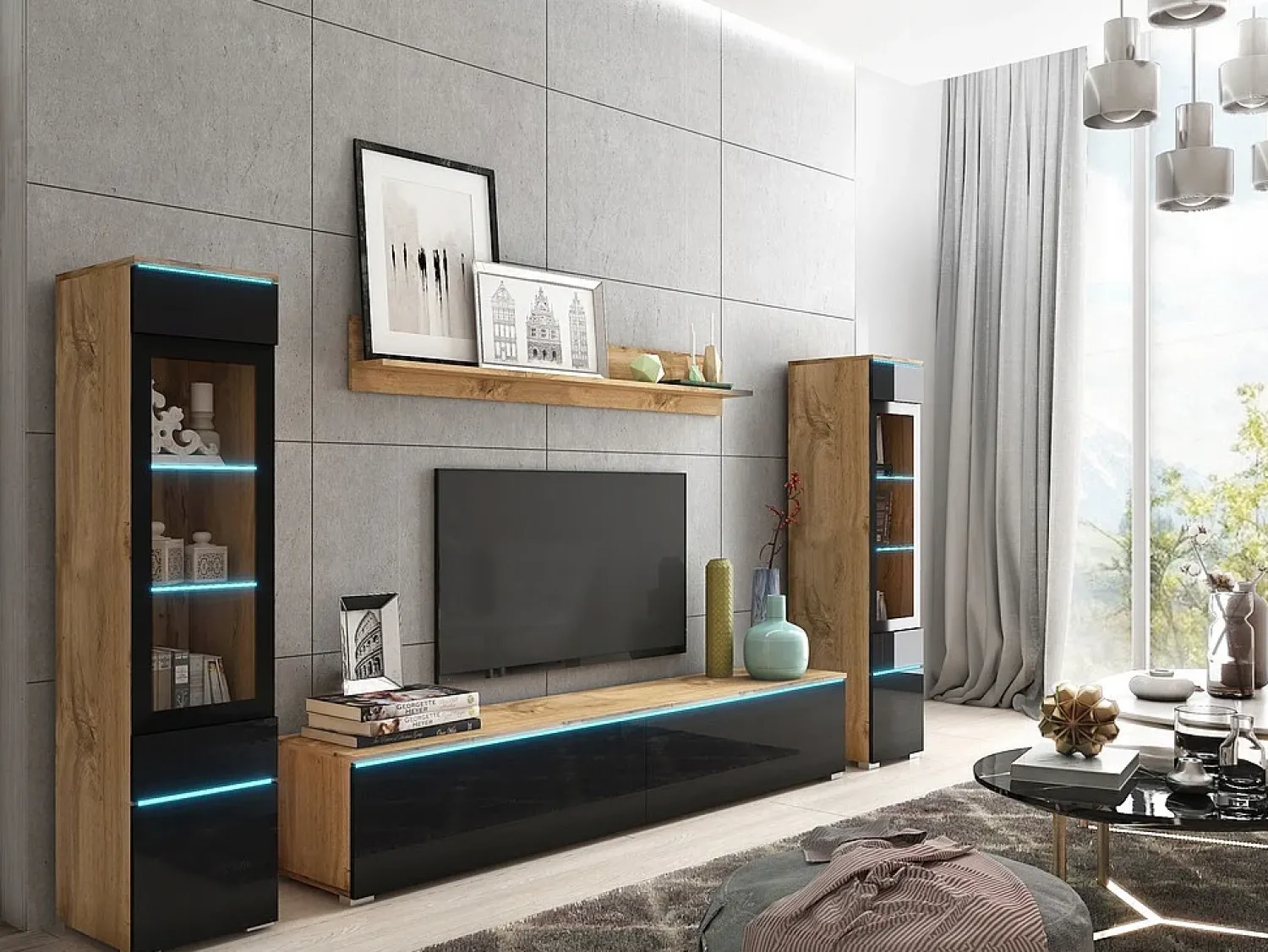 Móvel De Tv* Conjunto moderno de móveis de sala 4 peças, móvel de TV 180 cm, 2 vitrinas e prateleira, corpo carvalho Wotan mate, frentes preto brilho, de pé ou suspenso Natural escuro
