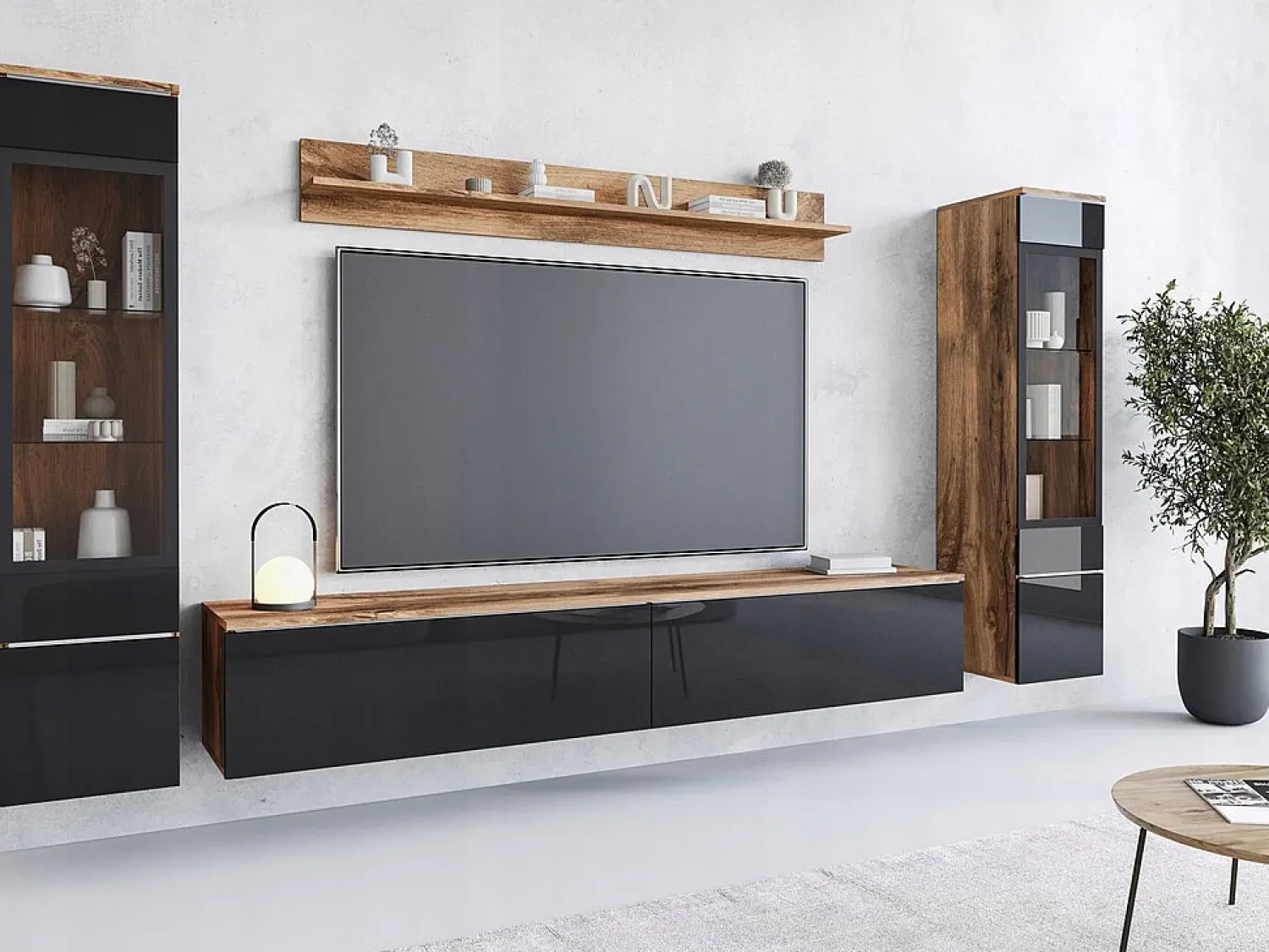 Móvel De Tv* Conjunto moderno de móveis de sala 4 peças, móvel de TV 180 cm, 2 vitrinas e prateleira, corpo carvalho Wotan mate, frentes preto brilho, de pé ou suspenso Natural escuro