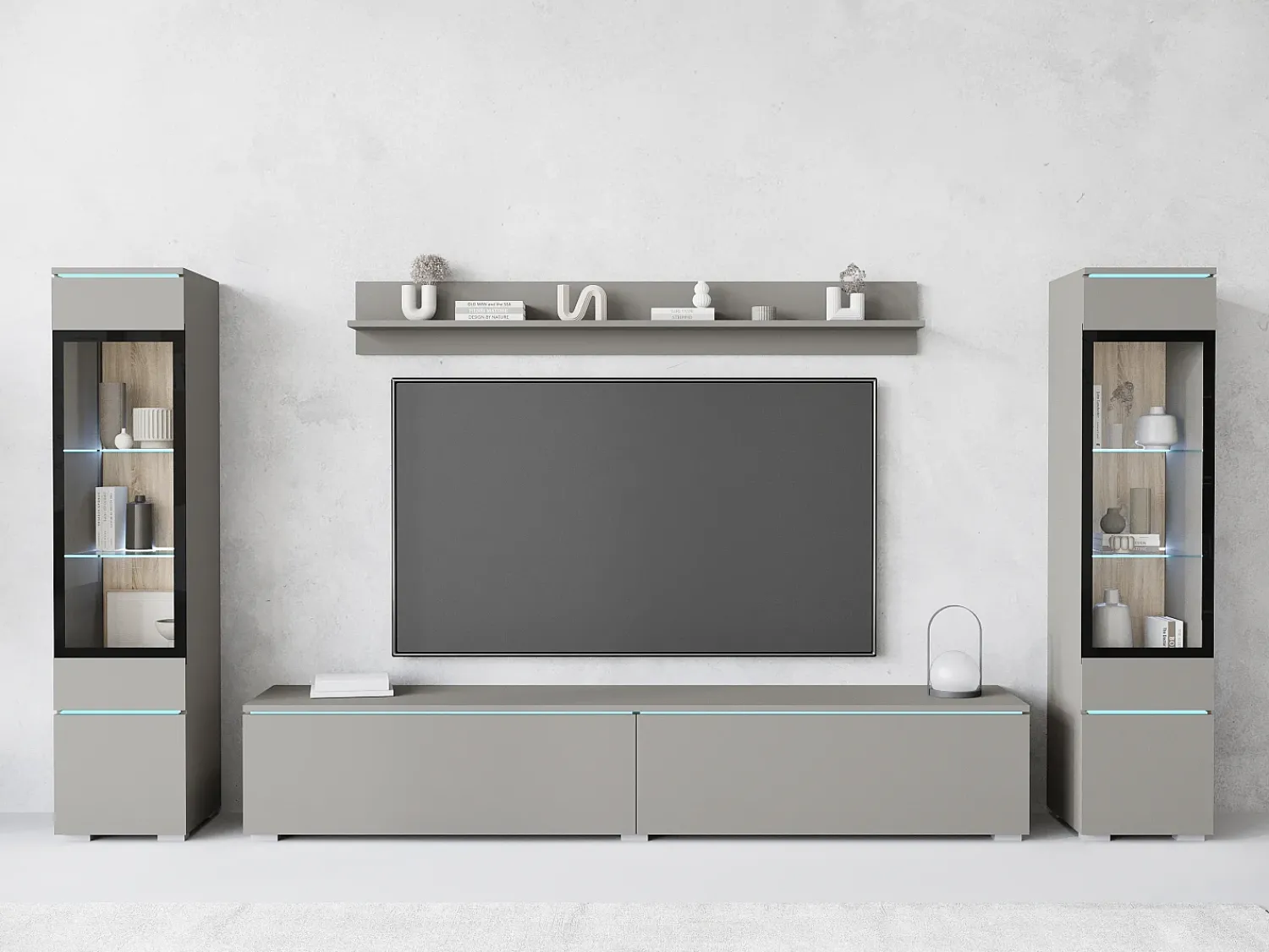 Hot Conjunto moderno de móveis de sala 4 peças – móvel de TV 180 cm, 2 vitrinas e prateleira – estante de parede cinza paládio mate, de pé ou suspensa Cinzento claro