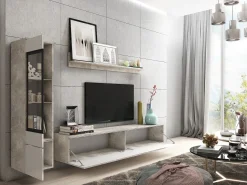 Móvel De Tv* Conjunto moderno de móveis de sala 3 peças – móvel de TV 180 cm, vitrina e prateleira, corpo betão mate, frentes branco brilho, de pé ou suspenso Cinzento