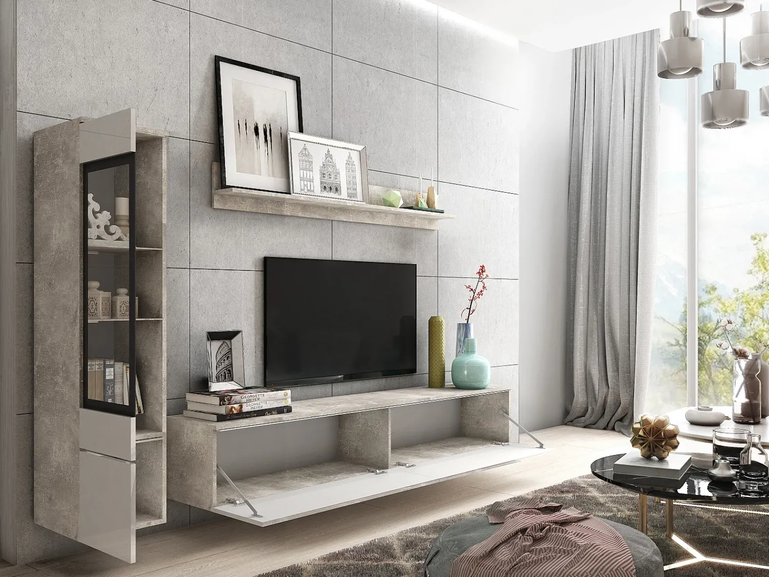Móvel De Tv* Conjunto moderno de móveis de sala 3 peças – móvel de TV 180 cm, vitrina e prateleira, corpo betão mate, frentes branco brilho, de pé ou suspenso Cinzento