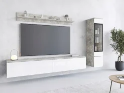 Móvel De Tv* Conjunto moderno de móveis de sala 3 peças – móvel de TV 180 cm, vitrina e prateleira, corpo betão mate, frentes branco brilho, de pé ou suspenso Cinzento