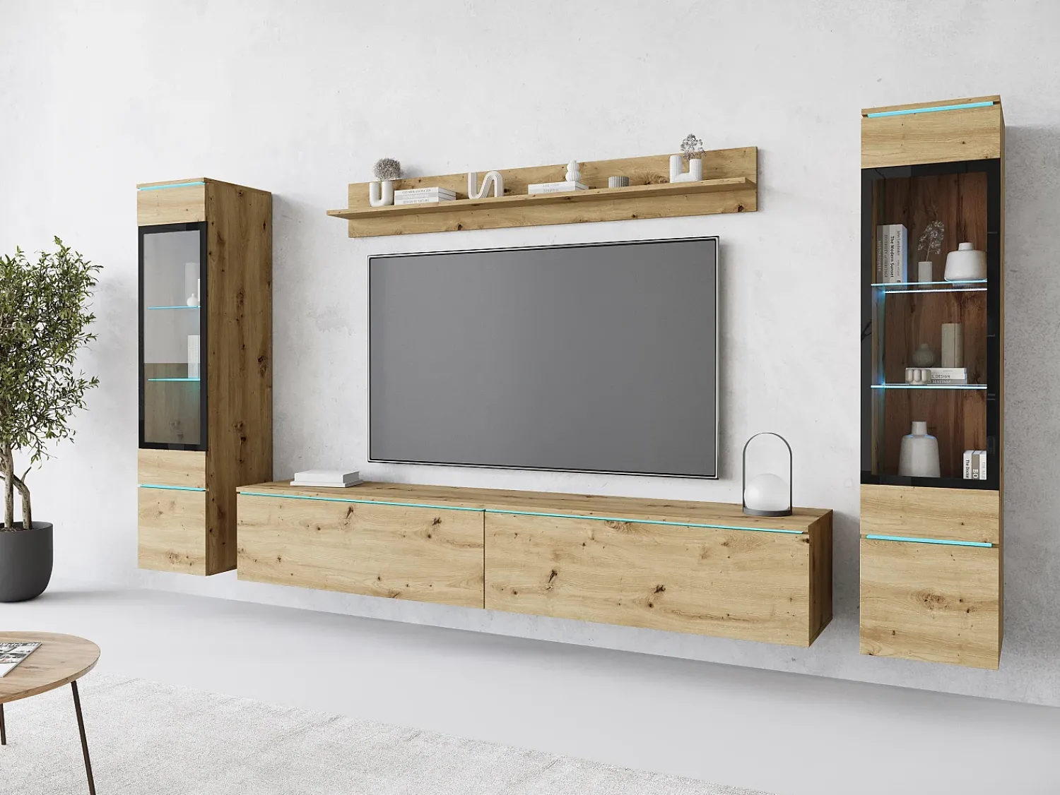 Conjunto moderno de móveis de sala 4 peças – móvel de TV 180 cm, 2 vitrinas e prateleira – estante de parede carvalho Artisan mate, de pé ou suspensa^ Móvel De Tv