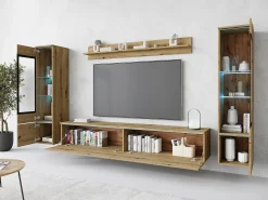 Conjunto moderno de móveis de sala 4 peças – móvel de TV 180 cm, 2 vitrinas e prateleira – estante de parede carvalho Artisan mate, de pé ou suspensa^ Móvel De Tv