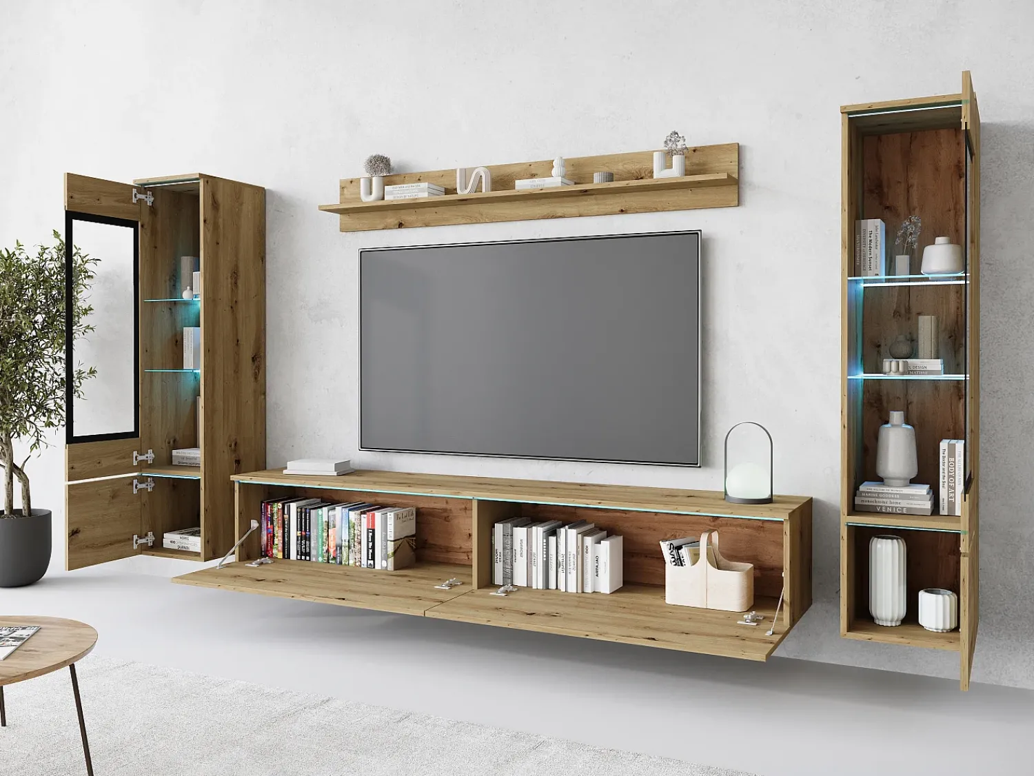 Conjunto moderno de móveis de sala 4 peças – móvel de TV 180 cm, 2 vitrinas e prateleira – estante de parede carvalho Artisan mate, de pé ou suspensa^ Móvel De Tv