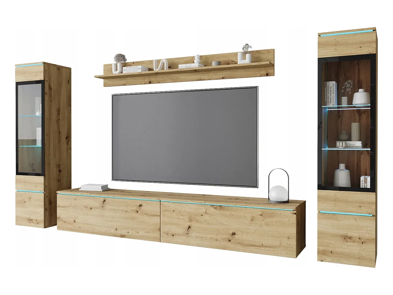 Conjunto moderno de móveis de sala 4 peças – móvel de TV 180 cm, 2 vitrinas e prateleira – estante de parede carvalho Artisan mate, de pé ou suspensa^ Móvel De Tv