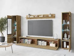 Conjunto moderno de móveis de sala 4 peças – móvel de TV 180 cm, 2 vitrinas e prateleira – estante de parede carvalho Artisan mate, de pé ou suspensa^ Móvel De Tv