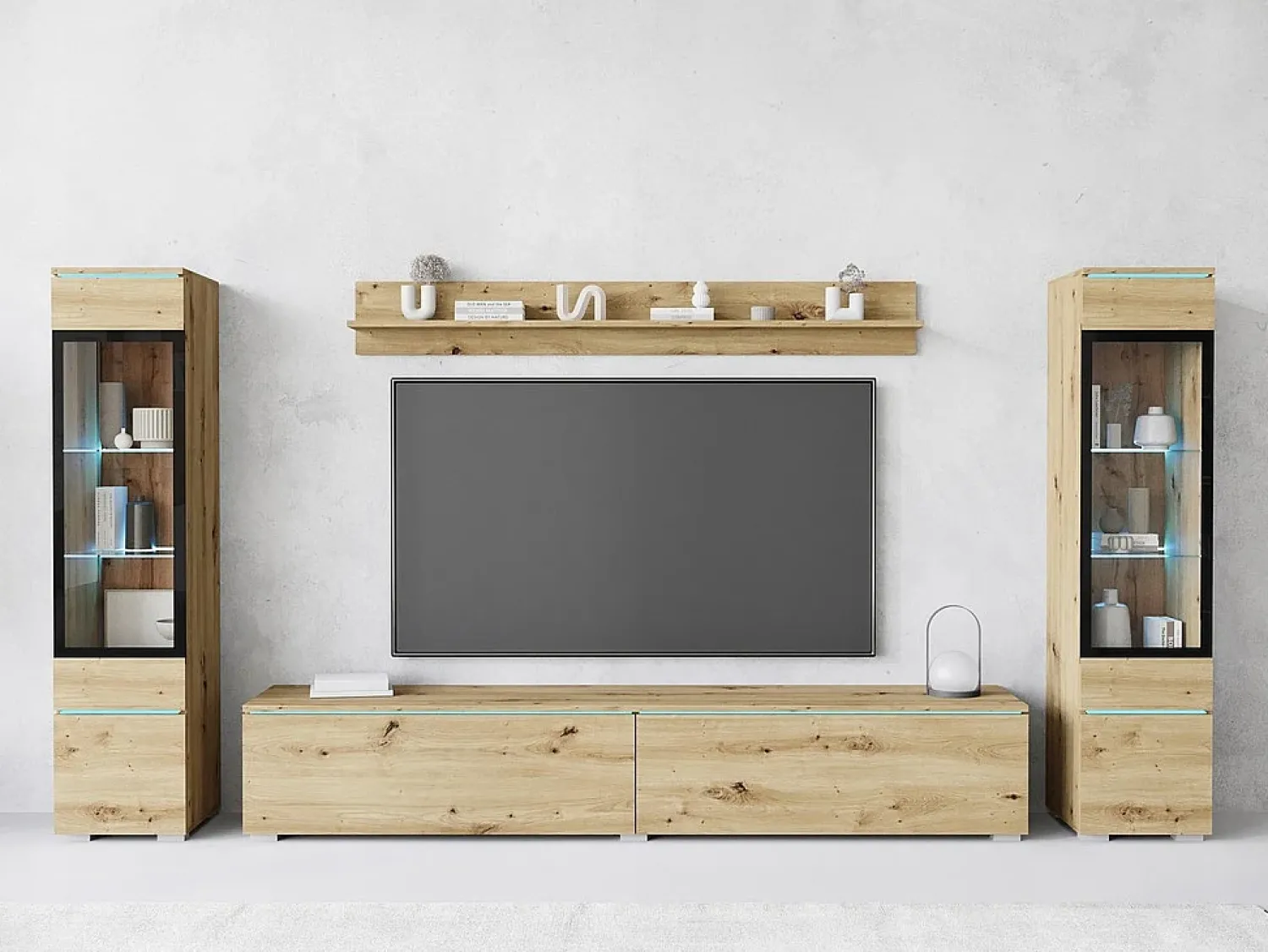 Conjunto moderno de móveis de sala 4 peças – móvel de TV 180 cm, 2 vitrinas e prateleira – estante de parede carvalho Artisan mate, de pé ou suspensa^ Móvel De Tv