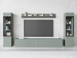 Móvel De Tv* Conjunto moderno de móveis de sala 4 peças – móvel de TV 180 cm, 2 vitrinas e prateleira – estante de parede verde nevoeiro mate, de pé ou suspensa Verde claro