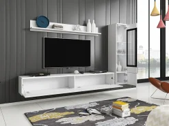 Conjunto moderno de móveis de sala 3 peças – móvel de TV 180 cm, vitrina e prateleira, corpo mate, frentes brilho, de pé ou suspenso^ Móvel De Tv