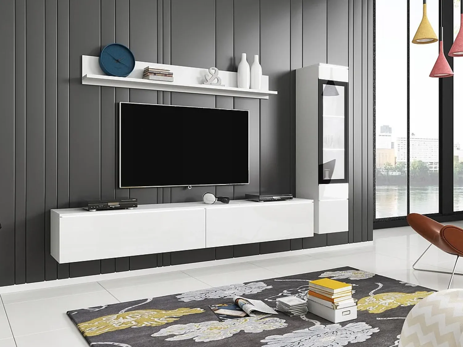 Conjunto moderno de móveis de sala 3 peças – móvel de TV 180 cm, vitrina e prateleira, corpo mate, frentes brilho, de pé ou suspenso^ Móvel De Tv