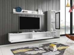 Conjunto moderno de móveis de sala 3 peças – móvel de TV 180 cm, vitrina e prateleira, corpo mate, frentes brilho, de pé ou suspenso^ Móvel De Tv