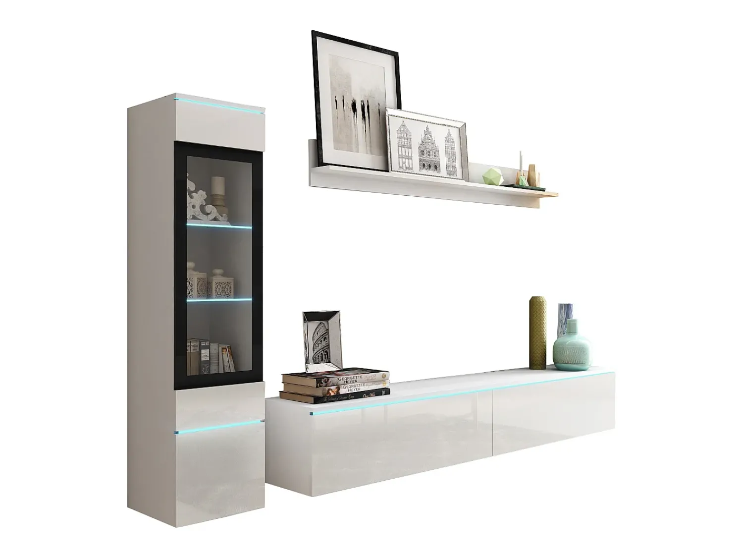 Conjunto moderno de móveis de sala 3 peças – móvel de TV 180 cm, vitrina e prateleira, corpo mate, frentes brilho, de pé ou suspenso^ Móvel De Tv