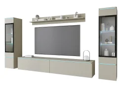 Discount Conjunto moderno de móveis de sala 4 peças – móvel de TV 180 cm, 2 vitrinas e prateleira – estante de parede caxemira mate, de pé ou suspensa Bege