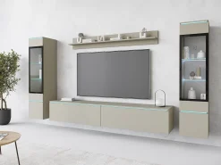 Discount Conjunto moderno de móveis de sala 4 peças – móvel de TV 180 cm, 2 vitrinas e prateleira – estante de parede caxemira mate, de pé ou suspensa Bege
