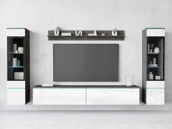 Móvel De Tv* Conjunto moderno de móveis de sala 4 peças, móvel de TV 180 cm, 2 vitrinas e prateleira, corpo matera mate, frentes branco brilho, de pé ou suspenso Cinza antracite