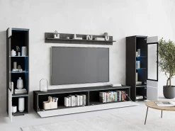 Móvel De Tv* Conjunto moderno de móveis de sala 4 peças, móvel de TV 180 cm, 2 vitrinas e prateleira, corpo matera mate, frentes branco brilho, de pé ou suspenso Cinza antracite