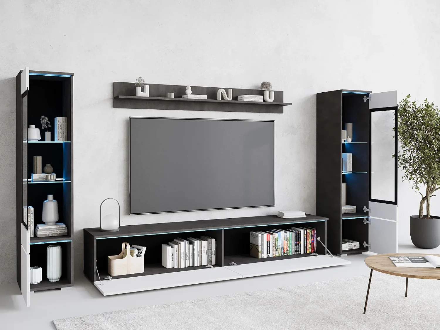 Móvel De Tv* Conjunto moderno de móveis de sala 4 peças, móvel de TV 180 cm, 2 vitrinas e prateleira, corpo matera mate, frentes branco brilho, de pé ou suspenso Cinza antracite