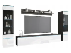 Móvel De Tv* Conjunto moderno de móveis de sala 4 peças, móvel de TV 180 cm, 2 vitrinas e prateleira, corpo matera mate, frentes branco brilho, de pé ou suspenso Cinza antracite