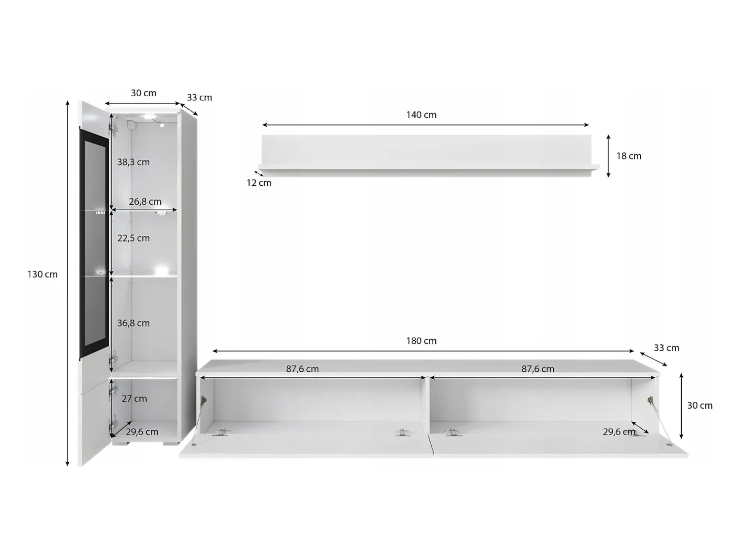 Móvel De Tv| Conjunto moderno de móveis de sala 3 peças – móvel de TV 180 cm, vitrina e prateleira, corpo carvalho Wotan mate, frentes branco brilho, de pé ou suspenso Natural escuro