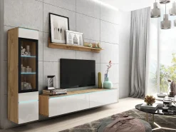 Móvel De Tv| Conjunto moderno de móveis de sala 3 peças – móvel de TV 180 cm, vitrina e prateleira, corpo carvalho Wotan mate, frentes branco brilho, de pé ou suspenso Natural escuro