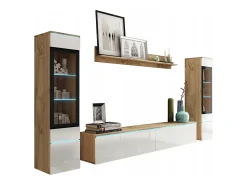 Outlet Conjunto moderno de móveis de sala 4 peças, móvel de TV 180 cm, 2 vitrinas e prateleira, corpo carvalho Wotan mate, frentes branco brilho, de pé ou suspenso Natural escuro