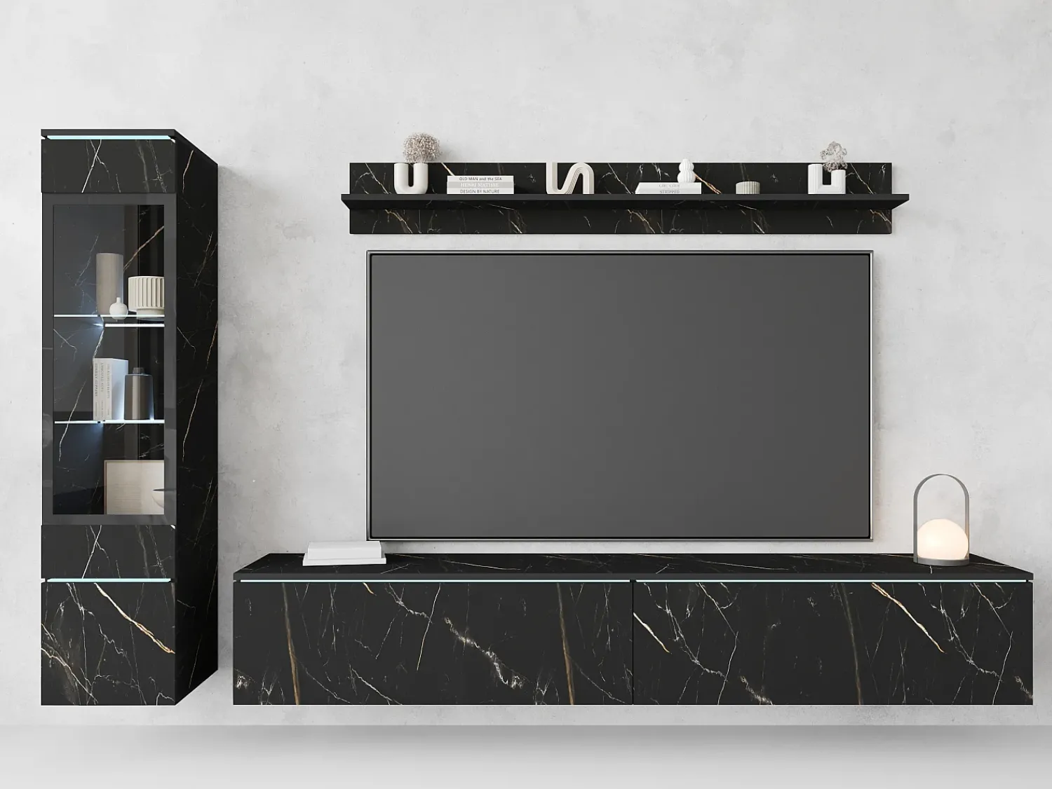 Móvel De Tv| Conjunto moderno de móveis de sala 3 peças – móvel de TV 180 cm, vitrina e prateleira, SAN SEBASTIAN mate, de pé ou suspenso Multicor