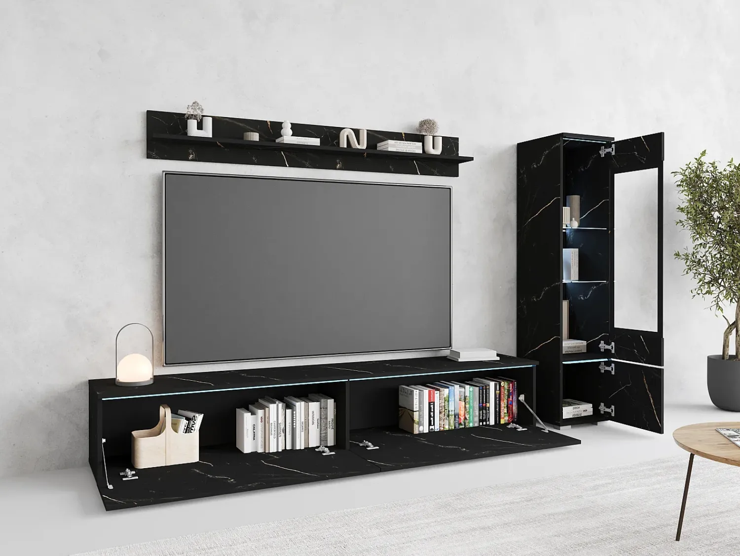 Móvel De Tv| Conjunto moderno de móveis de sala 3 peças – móvel de TV 180 cm, vitrina e prateleira, SAN SEBASTIAN mate, de pé ou suspenso Multicor