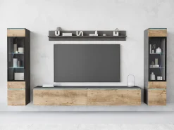 Móvel De Tv| Conjunto moderno de móveis de sala 4 peças móvel de TV 180 cm, 2 vitrinas e prateleira estante de parede mate, corpo matera, frentes castanheiro, de pé ou suspensa Multicor