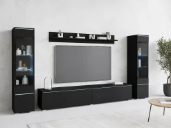 Móvel De Tv| Conjunto moderno de móveis de sala 4 peças – móvel de TV 180 cm, 2 vitrinas e prateleira – estante de parede grafite mate, de pé ou suspensa Preto