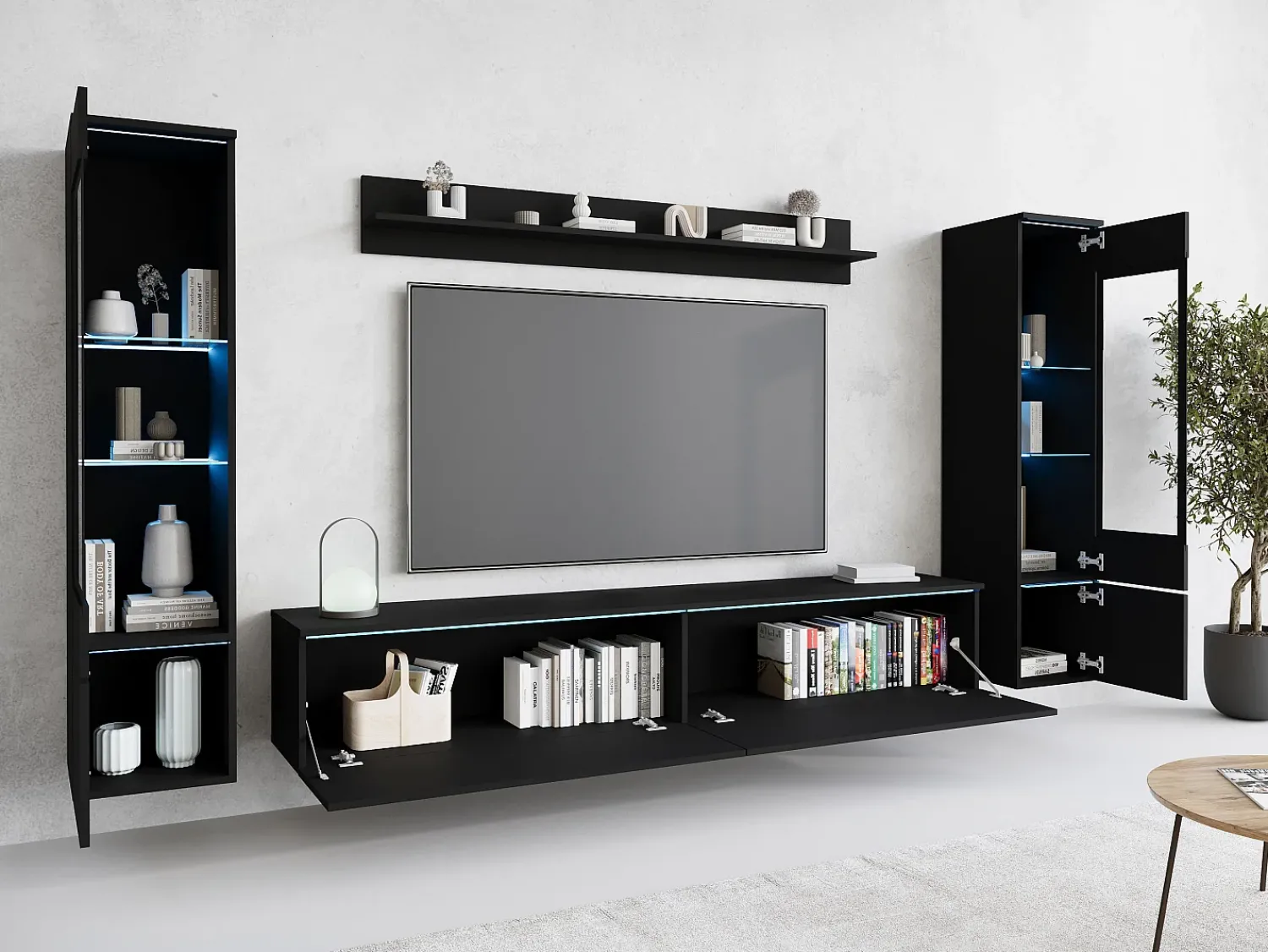 Móvel De Tv| Conjunto moderno de móveis de sala 4 peças – móvel de TV 180 cm, 2 vitrinas e prateleira – estante de parede grafite mate, de pé ou suspensa Preto