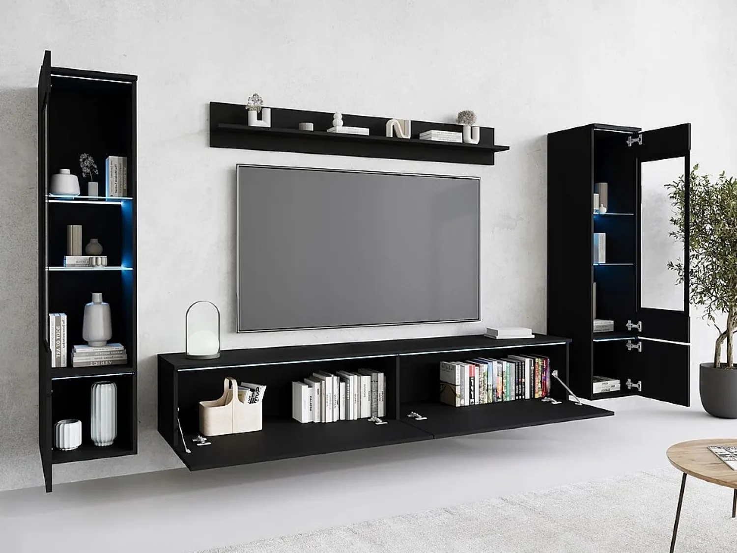 Móvel De Tv| Conjunto moderno de móveis de sala 4 peças – móvel de TV 180 cm, 2 vitrinas e prateleira – estante de parede grafite mate, de pé ou suspensa Preto