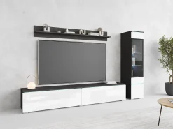 Conjunto moderno de móveis de sala 3 peças – móvel de TV 180 cm, vitrina e prateleira, corpo matera mate, frentes branco brilho, de pé ou suspenso Cinza antracite