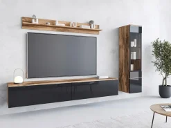 Sale Conjunto moderno de móveis de sala 3 peças – móvel de TV 180 cm, vitrina e prateleira, corpo carvalho Wotan mate, frentes preto brilho, de pé ou suspenso Natural escuro