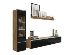Sale Conjunto moderno de móveis de sala 3 peças – móvel de TV 180 cm, vitrina e prateleira, corpo carvalho Wotan mate, frentes preto brilho, de pé ou suspenso Natural escuro