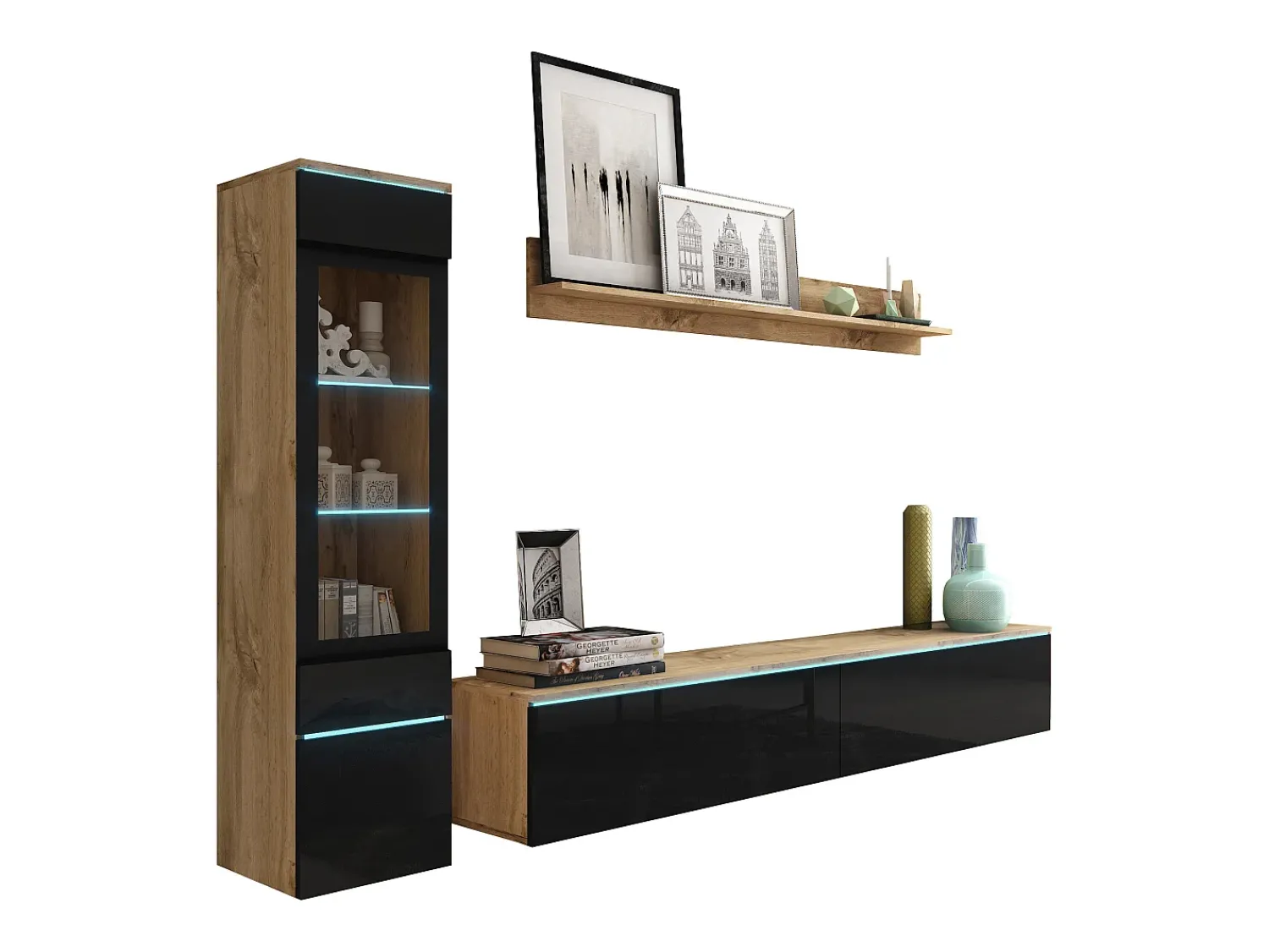 Sale Conjunto moderno de móveis de sala 3 peças – móvel de TV 180 cm, vitrina e prateleira, corpo carvalho Wotan mate, frentes preto brilho, de pé ou suspenso Natural escuro
