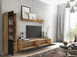 Sale Conjunto moderno de móveis de sala 3 peças – móvel de TV 180 cm, vitrina e prateleira, corpo carvalho Wotan mate, frentes preto brilho, de pé ou suspenso Natural escuro
