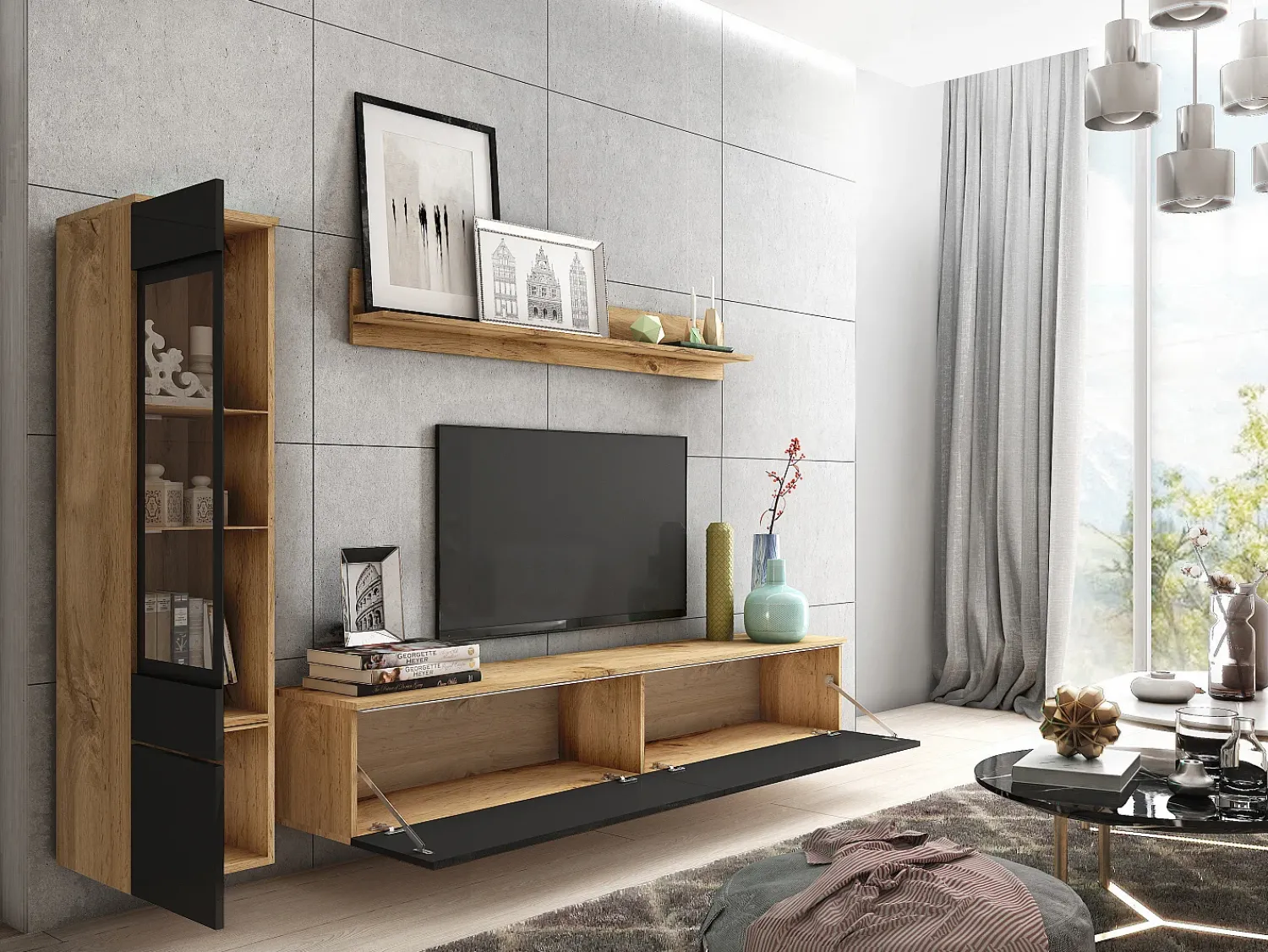 Sale Conjunto moderno de móveis de sala 3 peças – móvel de TV 180 cm, vitrina e prateleira, corpo carvalho Wotan mate, frentes preto brilho, de pé ou suspenso Natural escuro