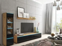 Sale Conjunto moderno de móveis de sala 3 peças – móvel de TV 180 cm, vitrina e prateleira, corpo carvalho Wotan mate, frentes preto brilho, de pé ou suspenso Natural escuro
