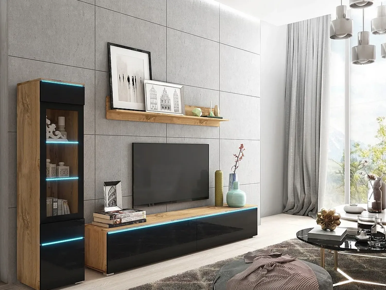 Sale Conjunto moderno de móveis de sala 3 peças – móvel de TV 180 cm, vitrina e prateleira, corpo carvalho Wotan mate, frentes preto brilho, de pé ou suspenso Natural escuro