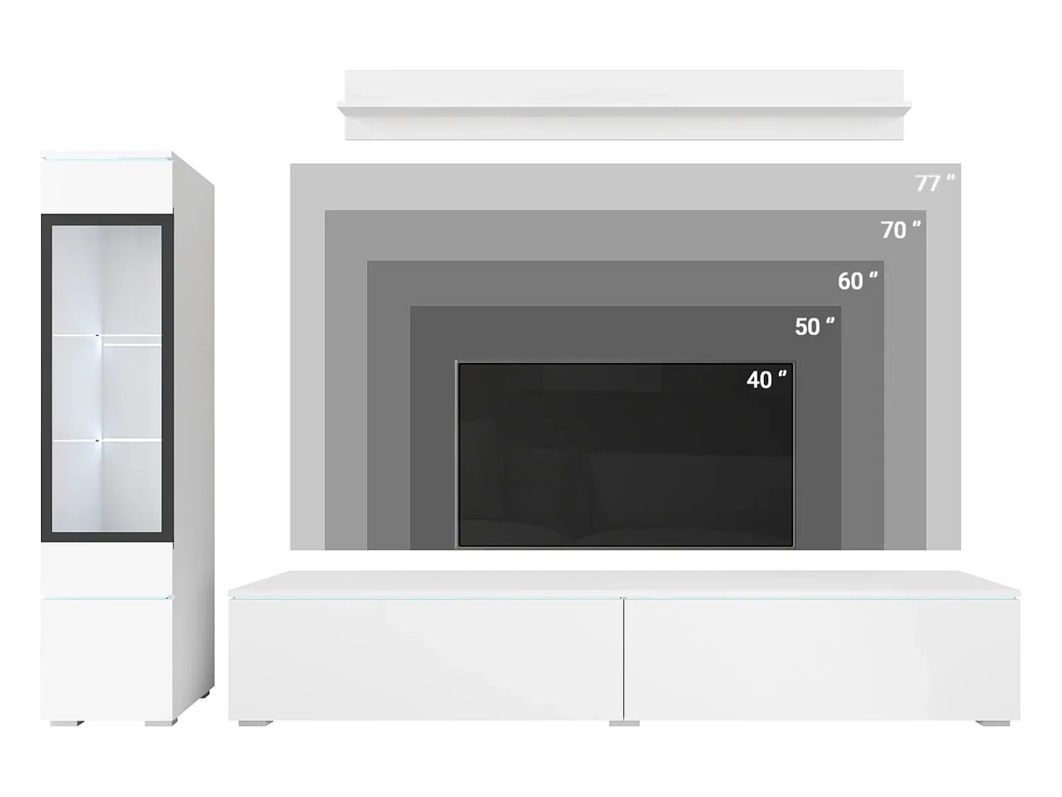 Sale Conjunto moderno de móveis de sala 3 peças – móvel de TV 180 cm, vitrina e prateleira, corpo carvalho Wotan mate, frentes preto brilho, de pé ou suspenso Natural escuro