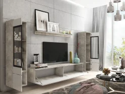 Sale Conjunto moderno de móveis de sala 4 peças, móvel de TV 180 cm, 2 vitrinas e prateleira, corpo betão mate, frentes branco brilho, de pé ou suspenso Cinzento