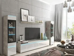 Sale Conjunto moderno de móveis de sala 4 peças, móvel de TV 180 cm, 2 vitrinas e prateleira, corpo betão mate, frentes branco brilho, de pé ou suspenso Cinzento