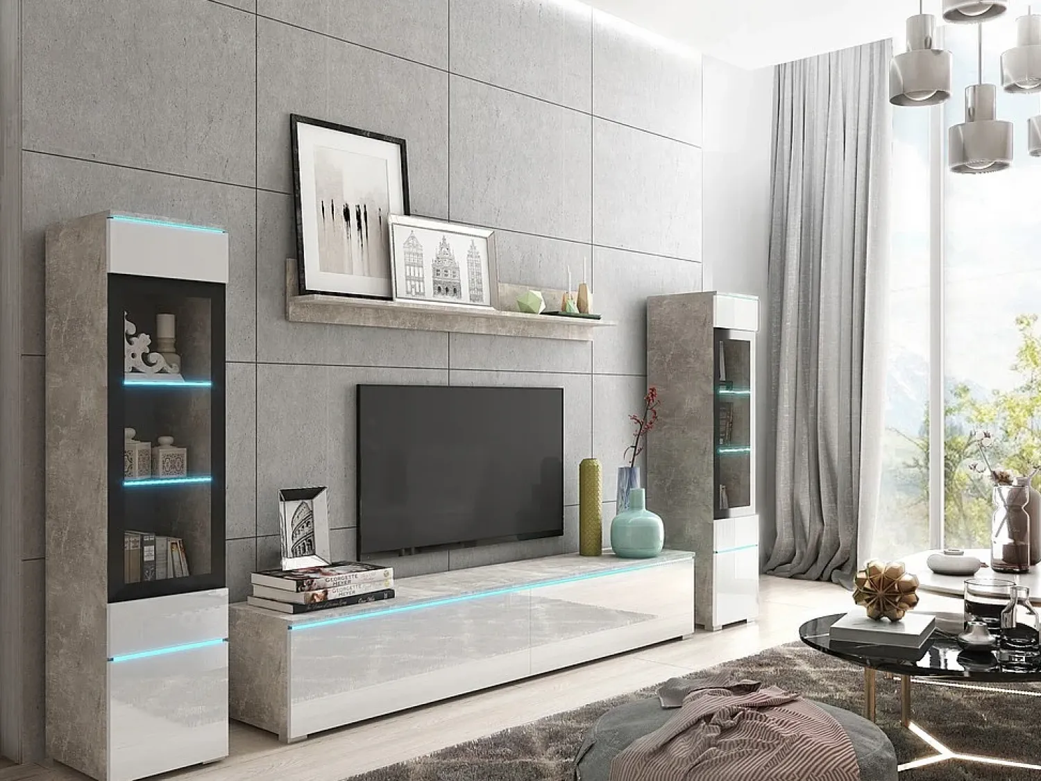 Sale Conjunto moderno de móveis de sala 4 peças, móvel de TV 180 cm, 2 vitrinas e prateleira, corpo betão mate, frentes branco brilho, de pé ou suspenso Cinzento