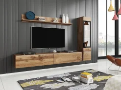 Móvel De Tv* Conjunto moderno de móveis de sala 3 peças – móvel de TV 180 cm, vitrina e prateleira, carvalho Wotan mate, de pé ou suspenso Natural escuro