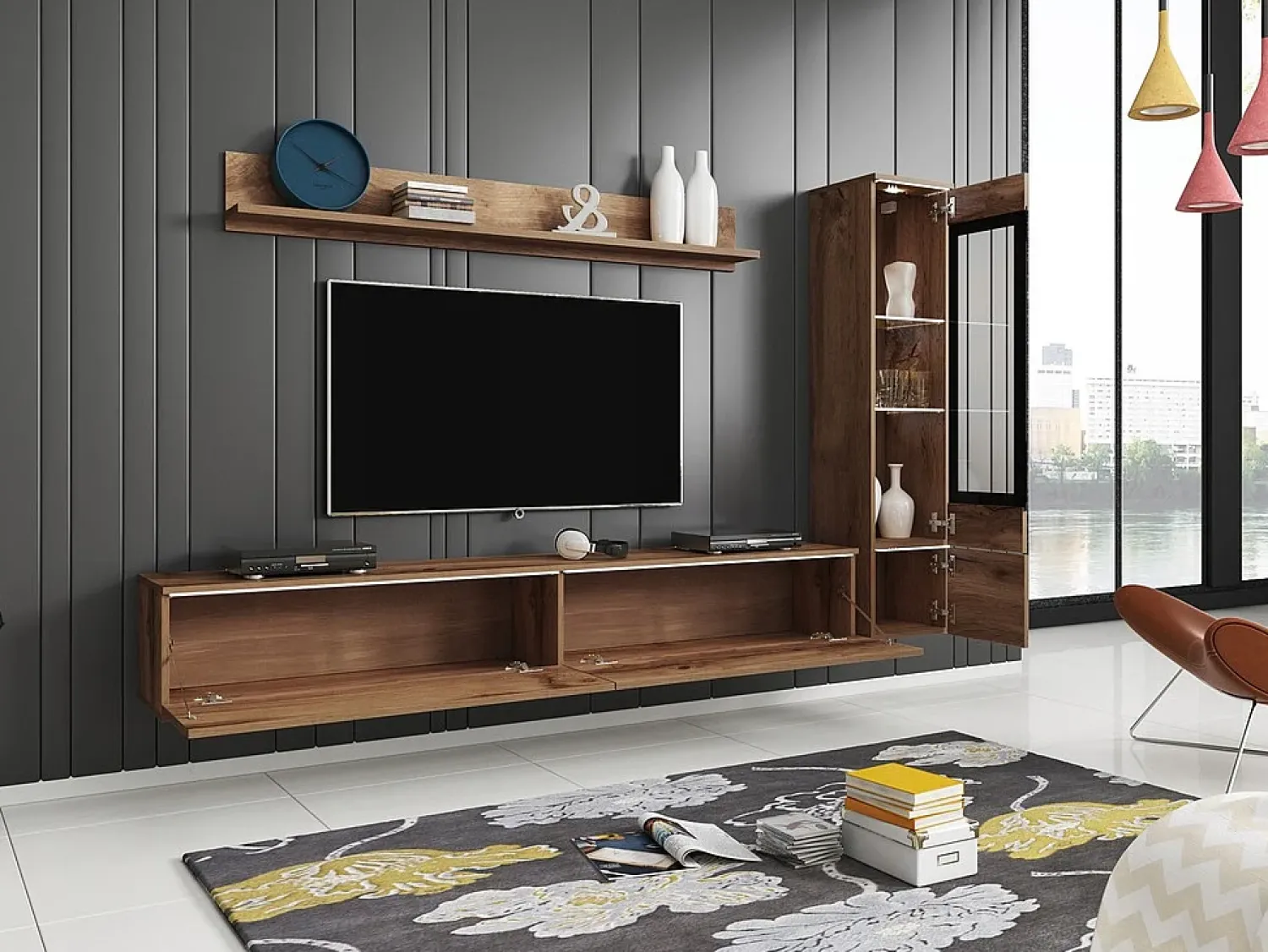 Móvel De Tv* Conjunto moderno de móveis de sala 3 peças – móvel de TV 180 cm, vitrina e prateleira, carvalho Wotan mate, de pé ou suspenso Natural escuro