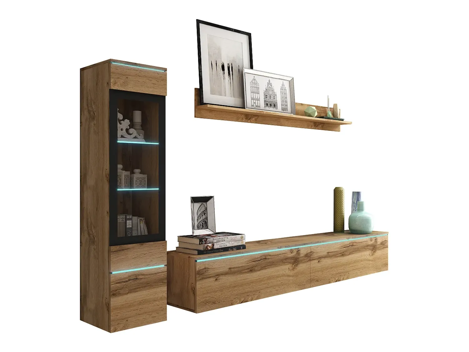 Móvel De Tv* Conjunto moderno de móveis de sala 3 peças – móvel de TV 180 cm, vitrina e prateleira, carvalho Wotan mate, de pé ou suspenso Natural escuro