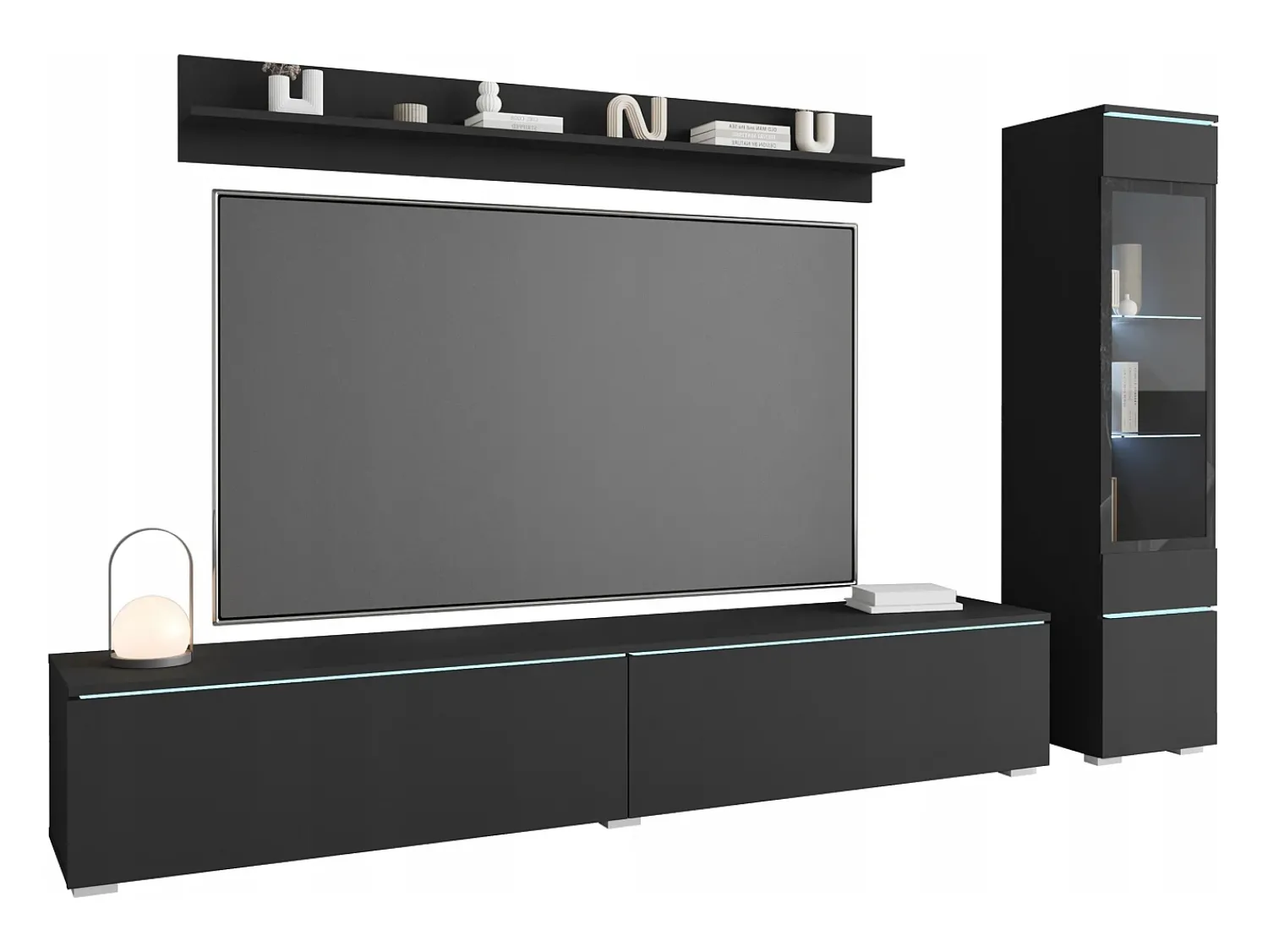 Móvel De Tv* Conjunto moderno de móveis de sala 3 peças – móvel de TV 180 cm, vitrina e prateleira, grafite mate, de pé ou suspenso Preto