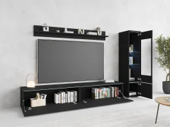 Móvel De Tv* Conjunto moderno de móveis de sala 3 peças – móvel de TV 180 cm, vitrina e prateleira, grafite mate, de pé ou suspenso Preto