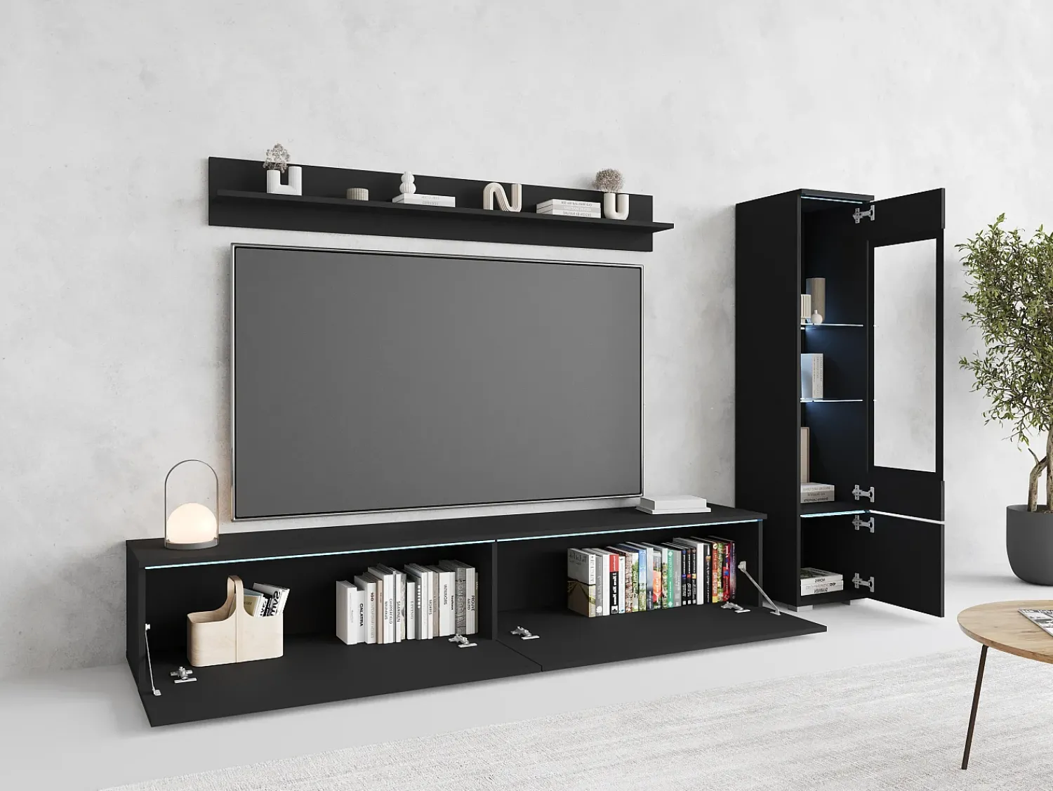 Móvel De Tv* Conjunto moderno de móveis de sala 3 peças – móvel de TV 180 cm, vitrina e prateleira, grafite mate, de pé ou suspenso Preto